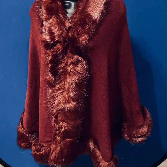 Burgundy Faux Fur Trimmed Poncho - OSFM Elegant Final Sale - Picture 2 of 3